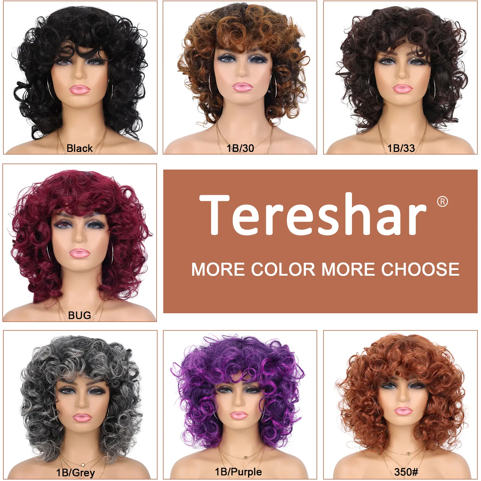 Tereshar Synthetic Curly Wigs for Black Women Soft Short Afro Curly Wig with Bangs Heat Resistant Synthetic Fiber Hair Wigs