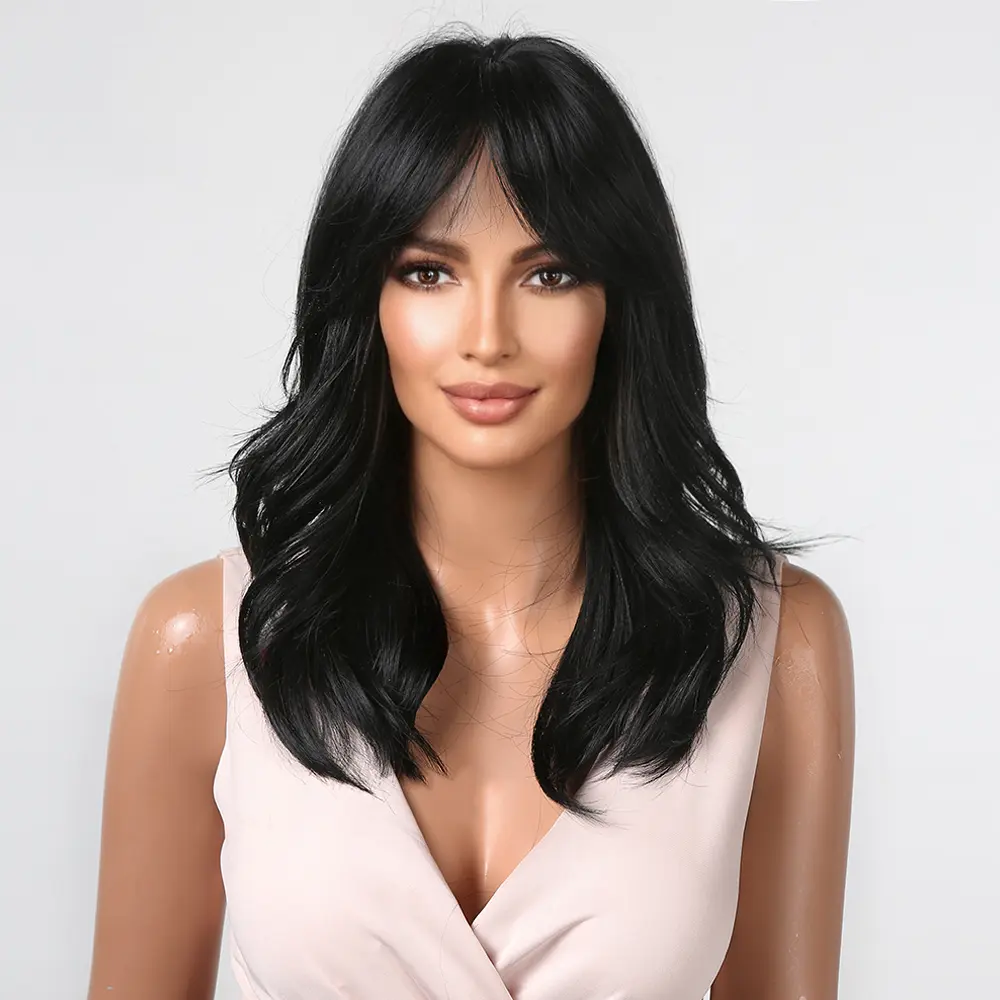 Black Wavy Synthetic Wigs Medium Length Natural Wave Wigs with Bangs for Women Afro Daily Party Use Wig Heat Resistant Fiber