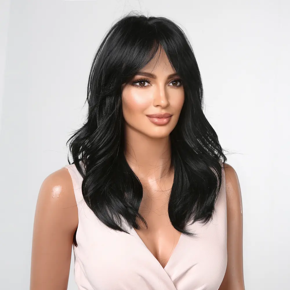 Black Wavy Synthetic Wigs Medium Length Natural Wave Wigs with Bangs for Women Afro Daily Party Use Wig Heat Resistant Fiber