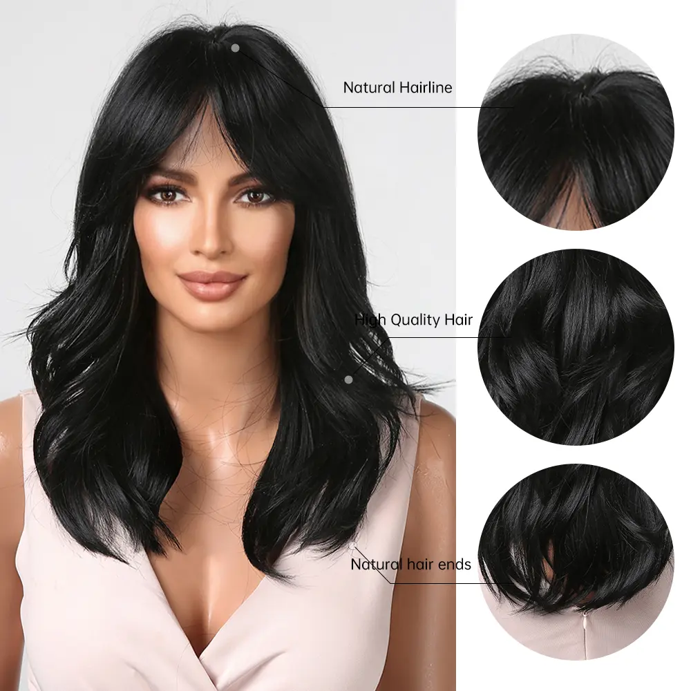 Black Wavy Synthetic Wigs Medium Length Natural Wave Wigs with Bangs for Women Afro Daily Party Use Wig Heat Resistant Fiber