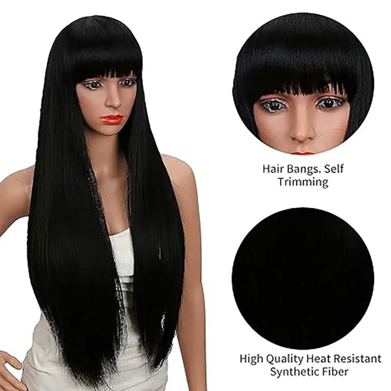 28 inches Women's Silky Long Straight Black Wig Heat Resistant Synthetic Wig With Bangs Hair Wig for Women