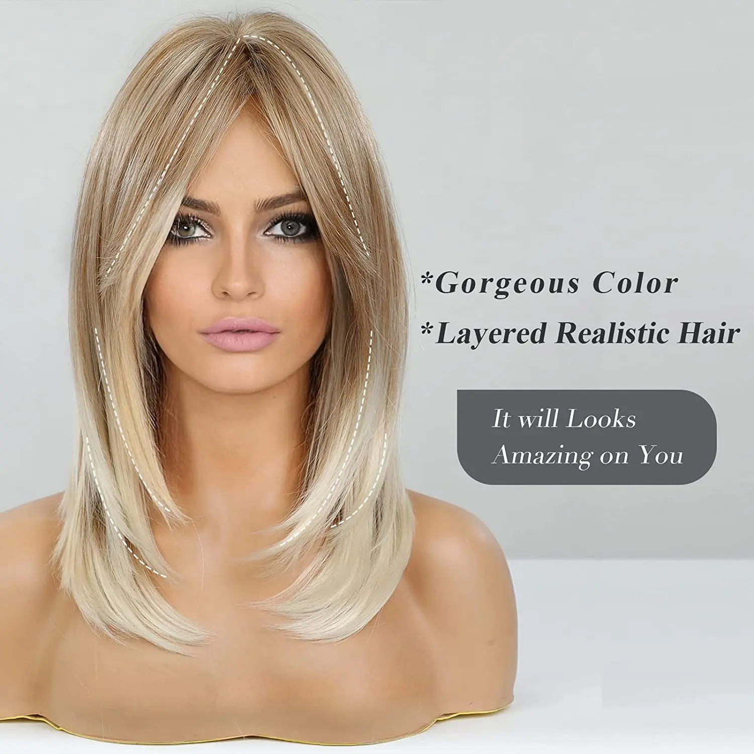 ALAN EATON Long Blonde Layered Wigs for Women Synthetic Wig with Bangs Natural Looking Straight High Temperature Hair for Daily