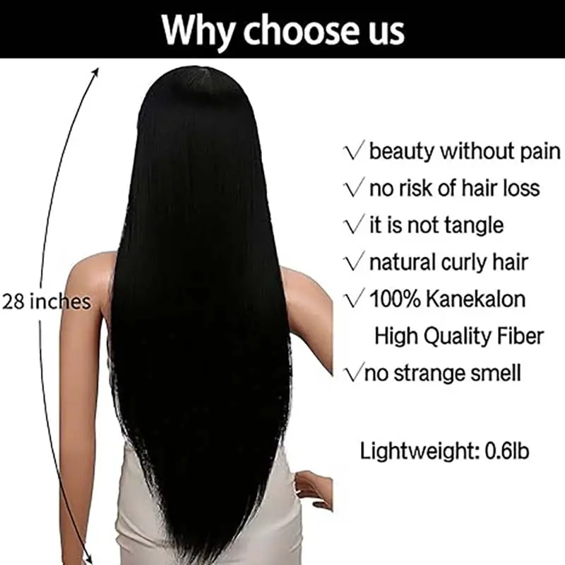 28 inches Women's Silky Long Straight Black Wig Heat Resistant Synthetic Wig With Bangs Hair Wig for Women