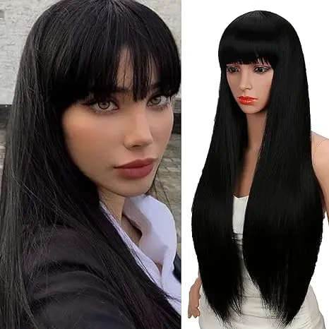 28 inches Women's Silky Long Straight Black Wig Heat Resistant Synthetic Wig With Bangs Hair Wig for Women