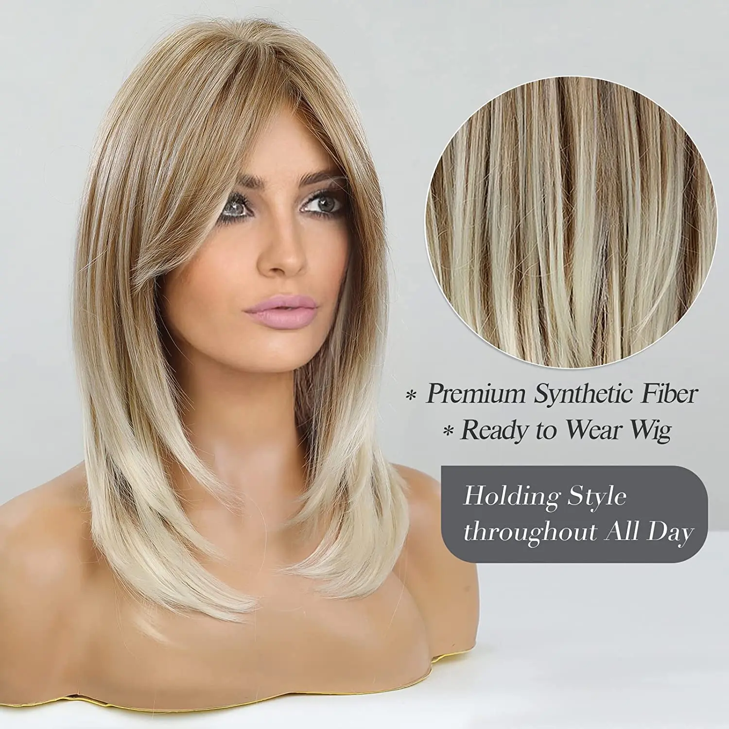 ALAN EATON Long Blonde Layered Wigs for Women Synthetic Wig with Bangs Natural Looking Straight High Temperature Hair for Daily