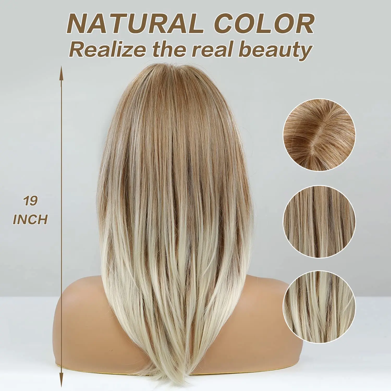 ALAN EATON Long Blonde Layered Wigs for Women Synthetic Wig with Bangs Natural Looking Straight High Temperature Hair for Daily
