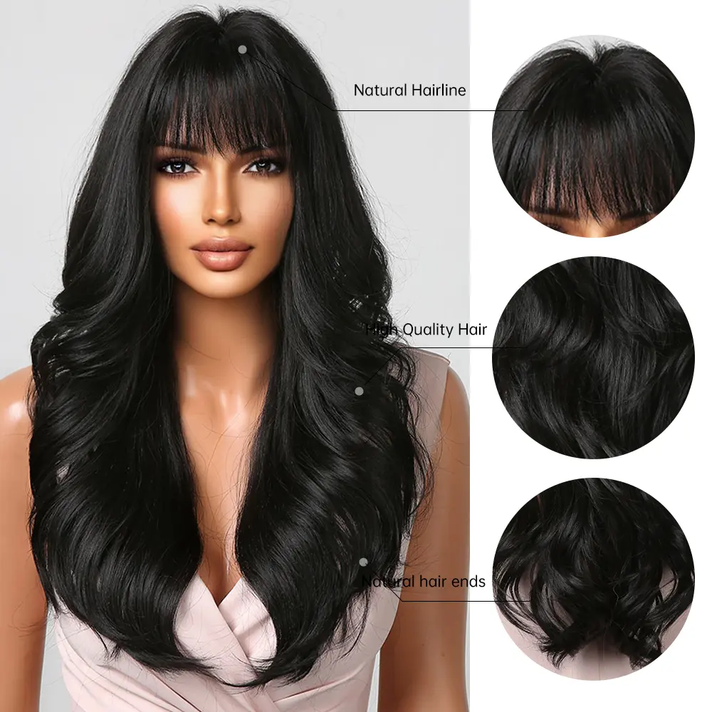 Long Wavy Black Synthetic Wigs With Bangs For Women Long Wavy Curly Wigs Natural Looking Wig for Daily Party Use Heat Resistant
