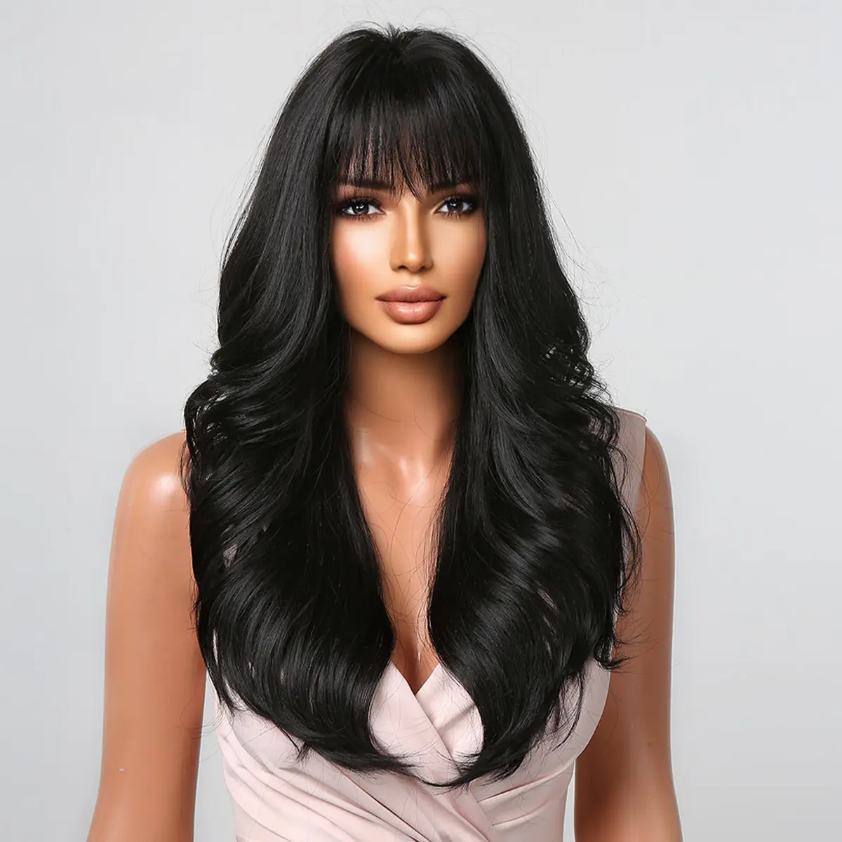 Long Wavy Black Synthetic Wigs With Bangs For Women Long Wavy Curly Wigs Natural Looking Wig for Daily Party Use Heat Resistant