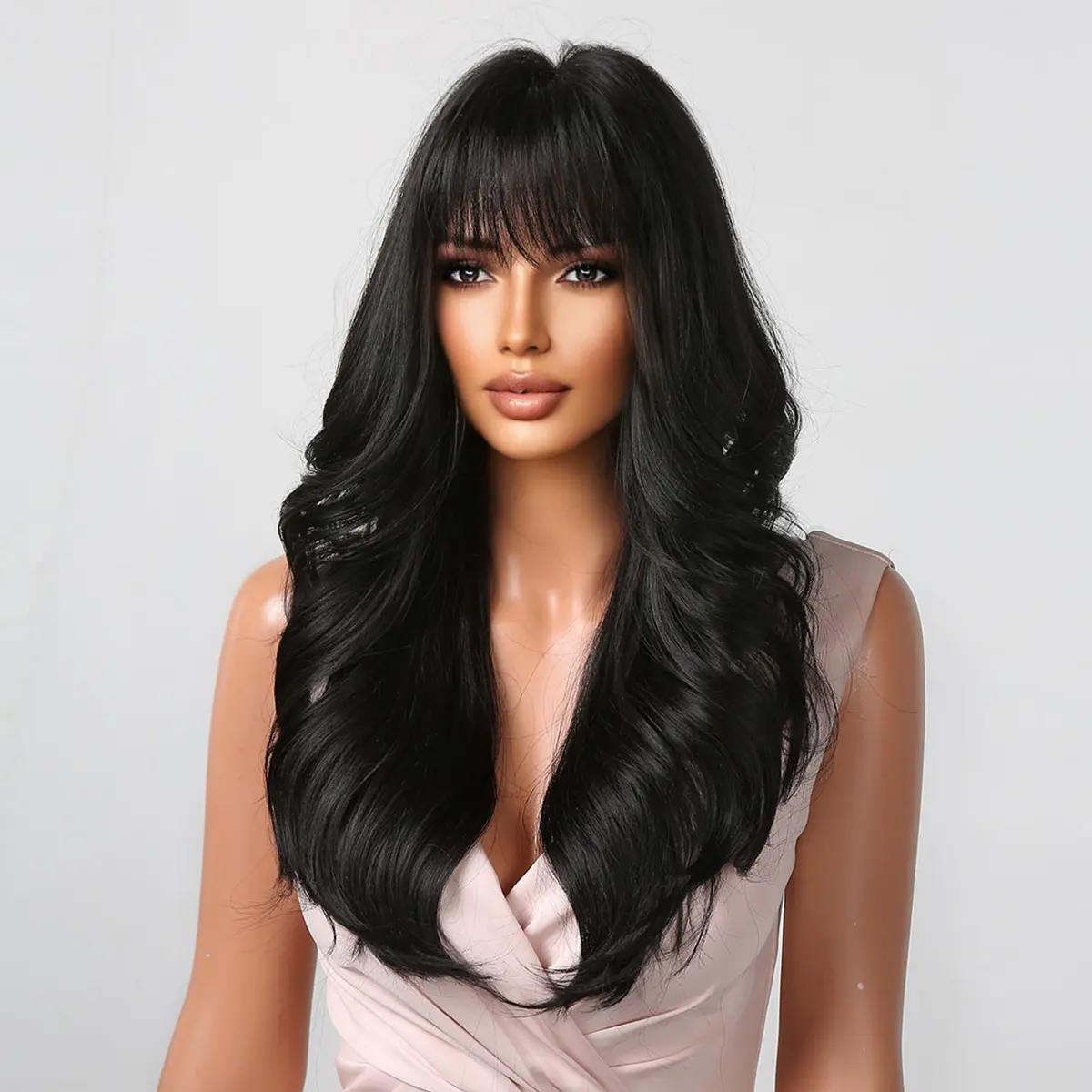 Long Wavy Black Synthetic Wigs With Bangs For Women Long Wavy Curly Wigs Natural Looking Wig for Daily Party Use Heat Resistant