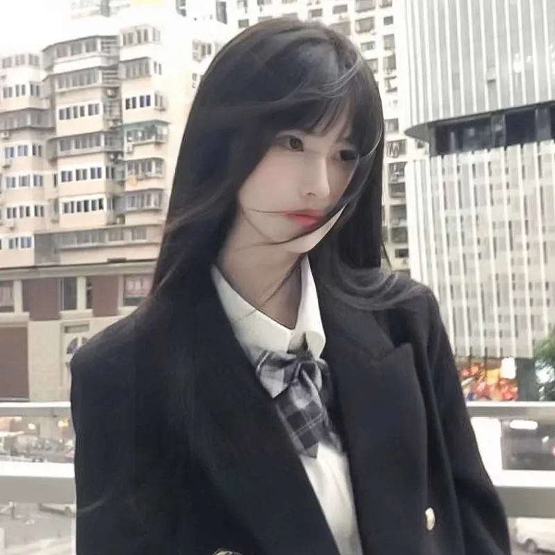 Black Long Straight Synthetic Wig With Bangs White Woman Natural Heat-Resistant Cosplay Party Wig Full Head Cover