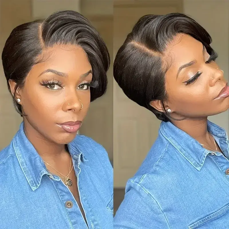 Burmese Hair 13x4 Lace Wig Side Part Pixie Cut Wigs 100% Virgin Hair Side Part Straight Bob Wig Transparent Lace For Black Women