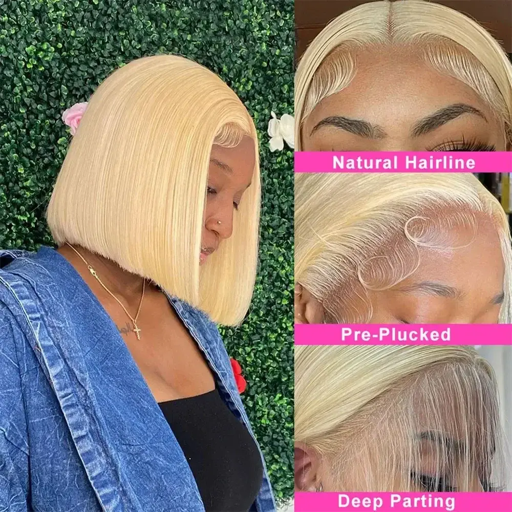 200 Density 613 Blonde Straight Short Bob 13x4 13x6 Full Frontal HD Transparent Lace Human Hair Wigs Pre Plucked Human Hair Wig