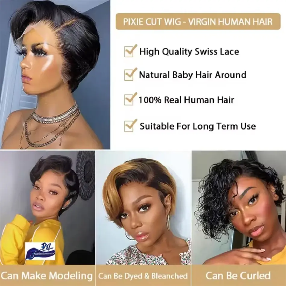 Burmese Hair 13x4 Lace Wig Side Part Pixie Cut Wigs 100% Virgin Hair Side Part Straight Bob Wig Transparent Lace For Black Women