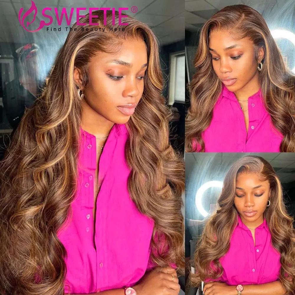 34Inch Highlight Body Wave Human Hair Wig 13x6 Lace Frontal Wig Colored Body Wave Human Hair Wig 4/27 Body Wave Lace Frontal Wig