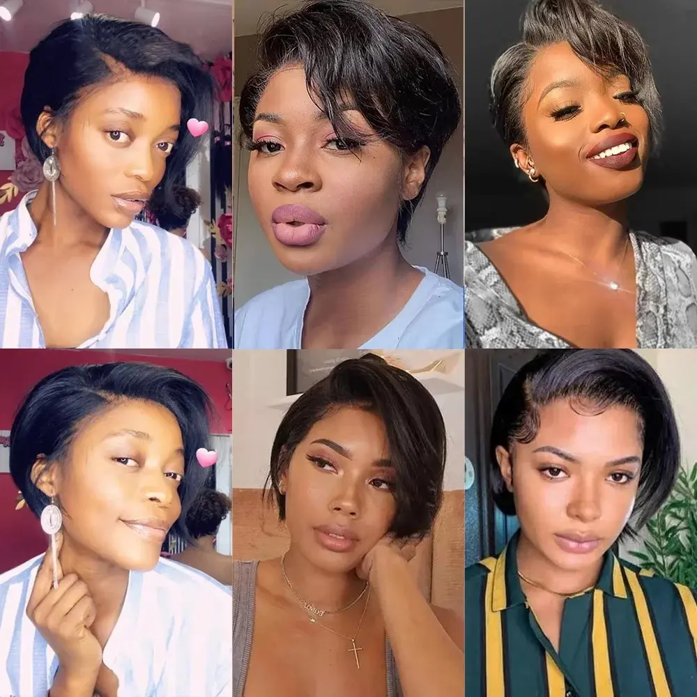 Burmese Hair 13x4 Lace Wig Side Part Pixie Cut Wigs 100% Virgin Hair Side Part Straight Bob Wig Transparent Lace For Black Women