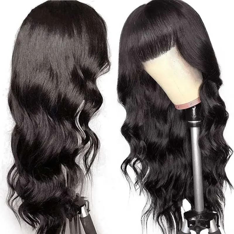 Alimice Wear and Go Body Wave Human Hair Wigs With Bangs Wavy Full Machine Made Non Lace Wig Natural Black Wig for Women
