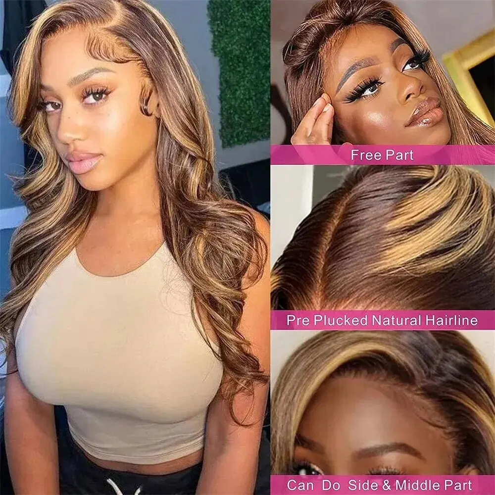 34Inch Highlight Body Wave Human Hair Wig 13x6 Lace Frontal Wig Colored Body Wave Human Hair Wig 4/27 Body Wave Lace Frontal Wig