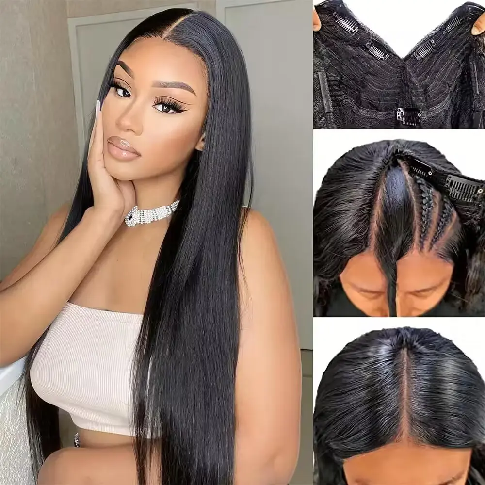 V Part Wig Human Hair Bone Straight Human Hair Wigs No Leave Out Cheap Brazilian V Part Human Hair Straight Wigs for Women