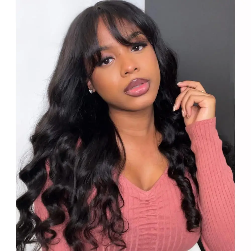 Body Wave Human Hair Wigs with Bangs None Lace Wig Full Machine Made Scalp Top Wig 180% Density Brazilian Hair Fringe Bangs Wig