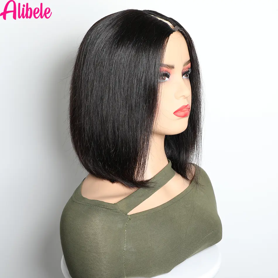 Alibele Straight Short Bob V Part Human Hair Wigs For Women V Shape Brazilian Human Hair Wig No Leave Out 10-16 Inch 150 Density