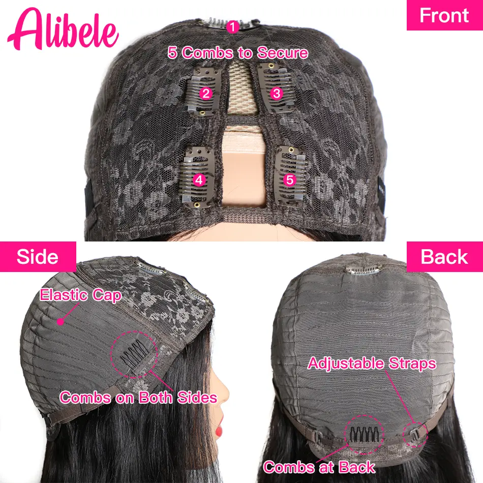 Alibele Straight Short Bob V Part Human Hair Wigs For Women V Shape Brazilian Human Hair Wig No Leave Out 10-16 Inch 150 Density