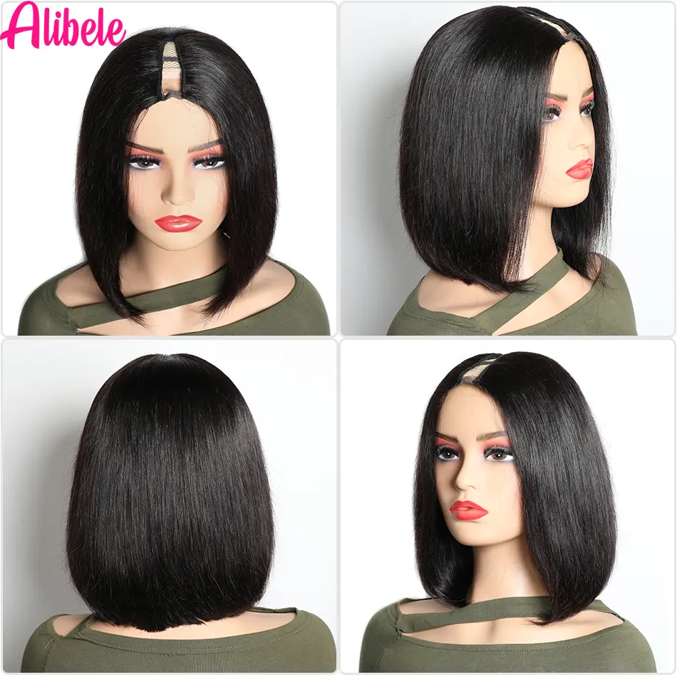 Alibele Straight Short Bob V Part Human Hair Wigs For Women V Shape Brazilian Human Hair Wig No Leave Out 10-16 Inch 150 Density
