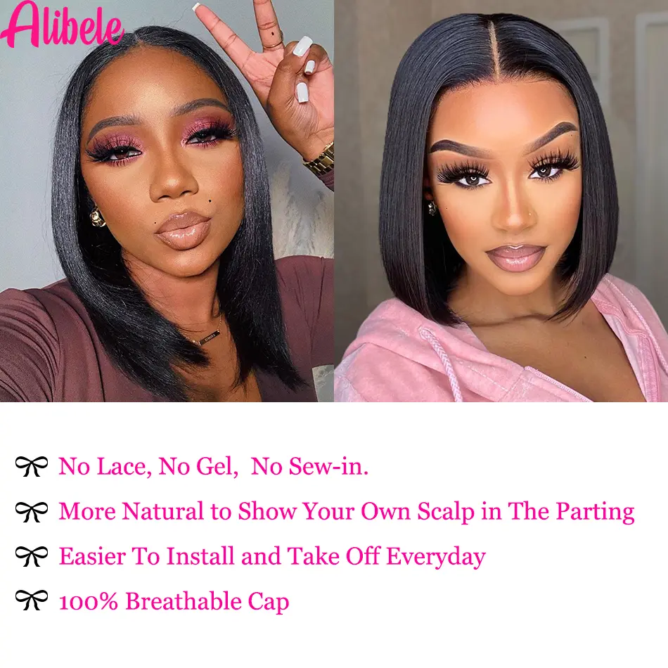 Alibele Straight Short Bob V Part Human Hair Wigs For Women V Shape Brazilian Human Hair Wig No Leave Out 10-16 Inch 150 Density