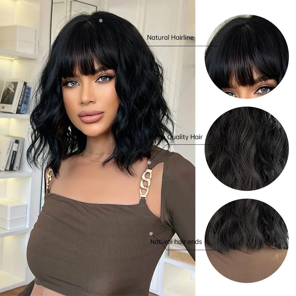 ALAN EATON Black Short Curly Synthetic Wigs with Bangs Women bob Wave Wig High Temperature Hair for Natural Looking Daily Party
