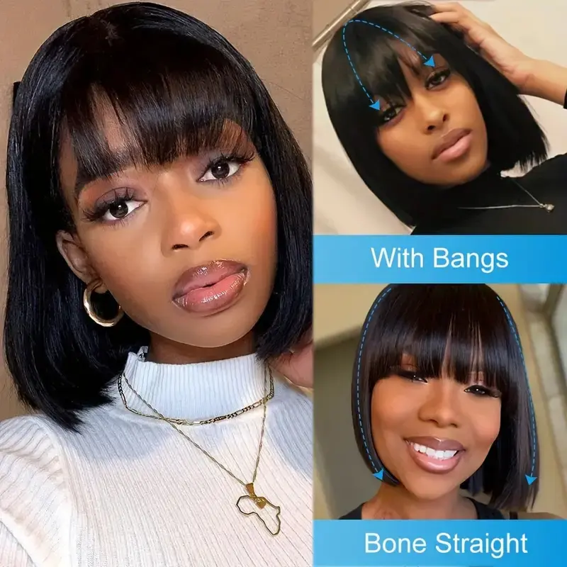 HAIRTIME Short Bob Glueless with Bangs Human Hair Wig Straight Bob Wigs for Woman Black Color Human Hair Wig Brazilian Remy Hair