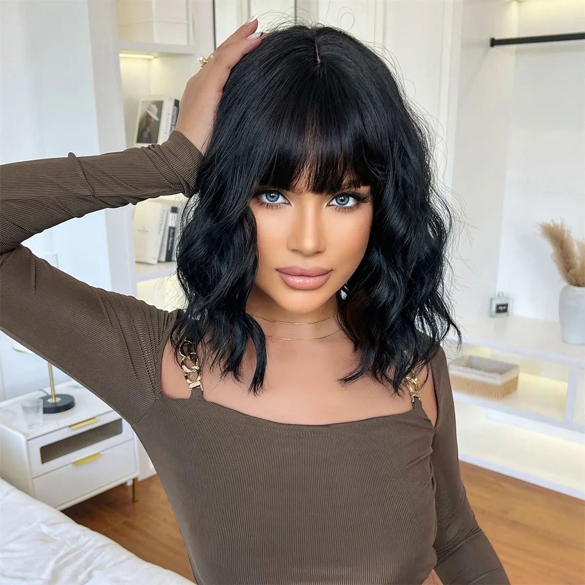 ALAN EATON Black Short Curly Synthetic Wigs with Bangs Women bob Wave Wig High Temperature Hair for Natural Looking Daily Party