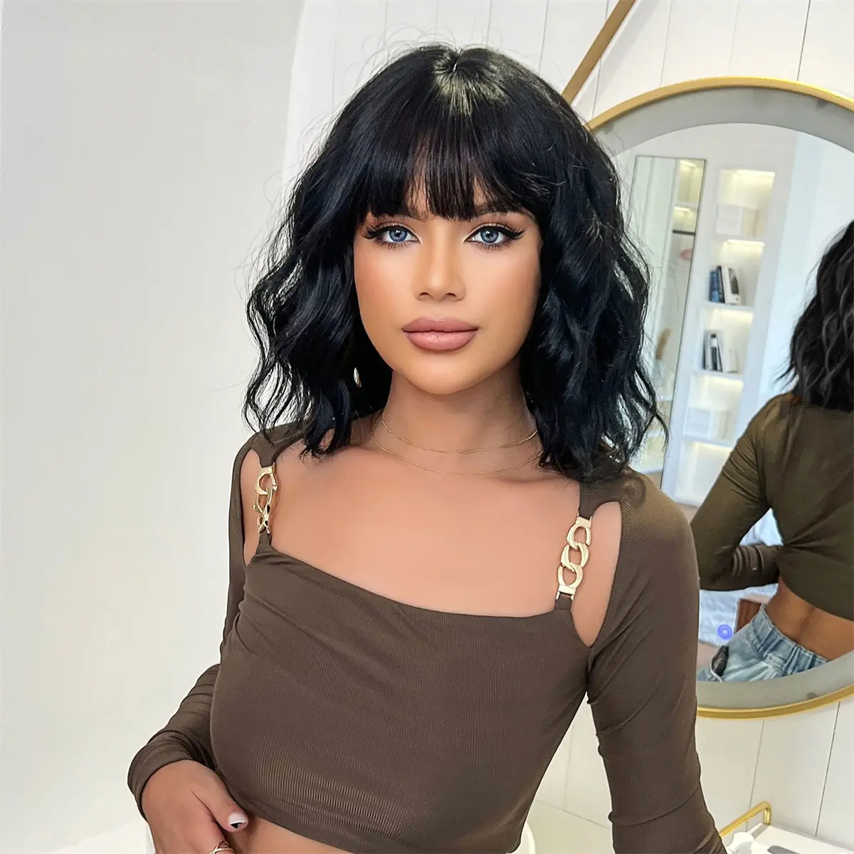 ALAN EATON Black Short Curly Synthetic Wigs with Bangs Women bob Wave Wig High Temperature Hair for Natural Looking Daily Party