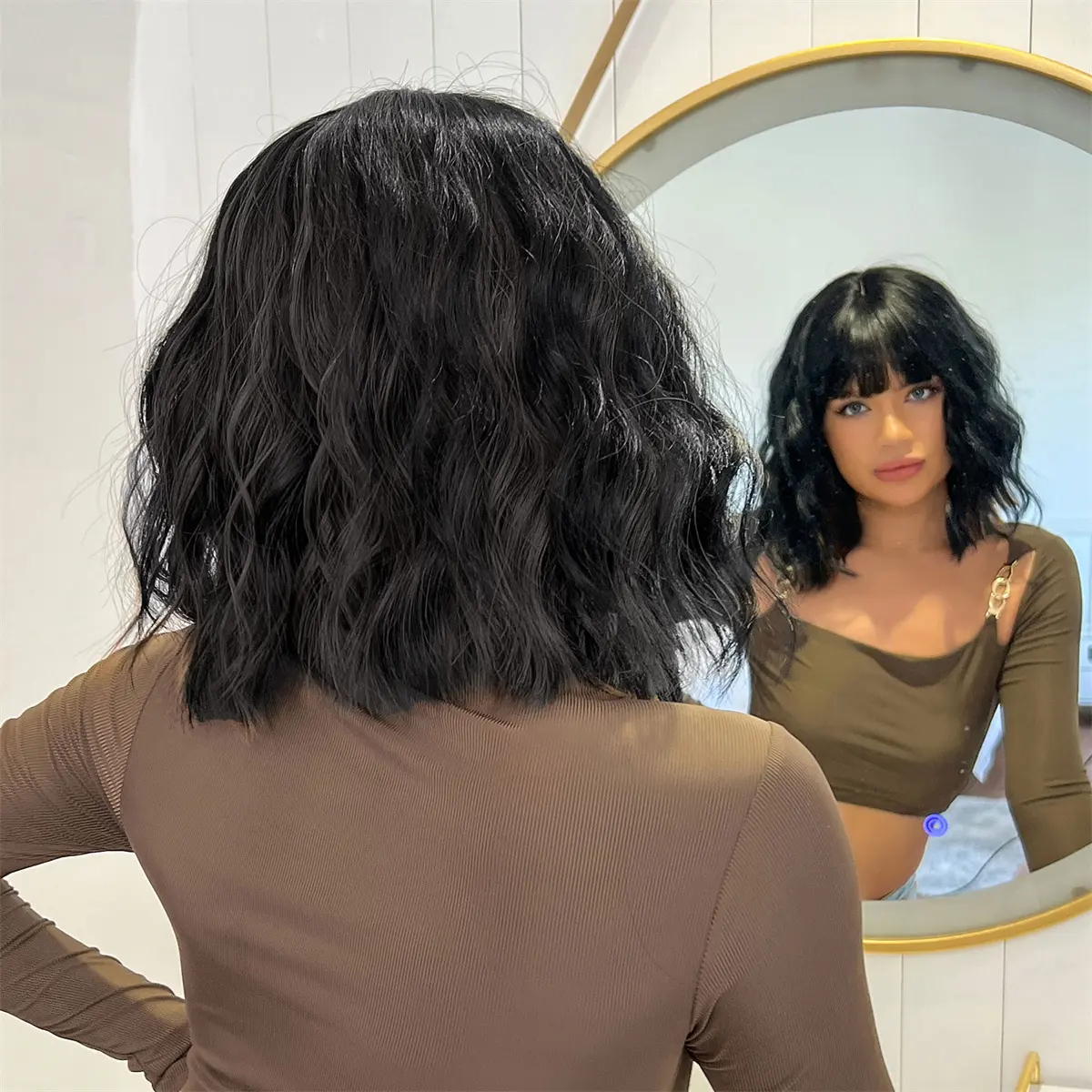 ALAN EATON Black Short Curly Synthetic Wigs with Bangs Women bob Wave Wig High Temperature Hair for Natural Looking Daily Party