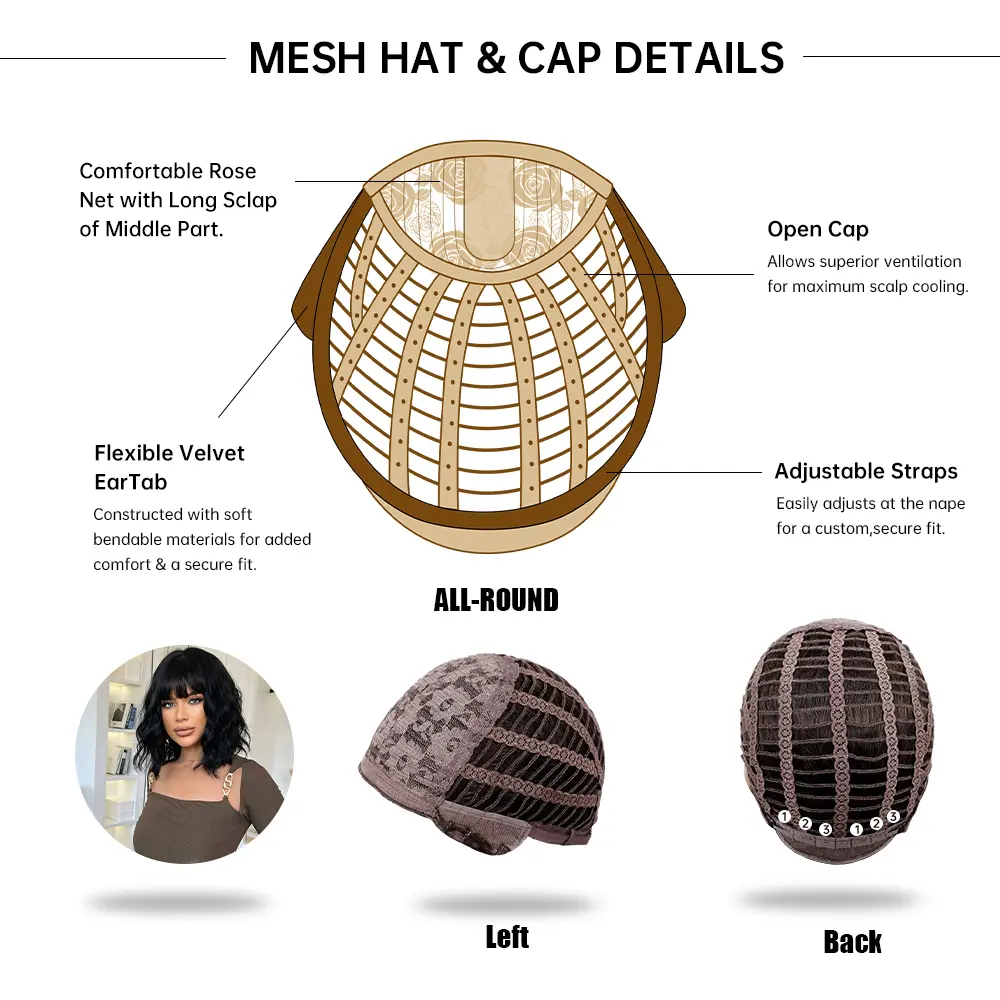 ALAN EATON Black Short Curly Synthetic Wigs with Bangs Women bob Wave Wig High Temperature Hair for Natural Looking Daily Party