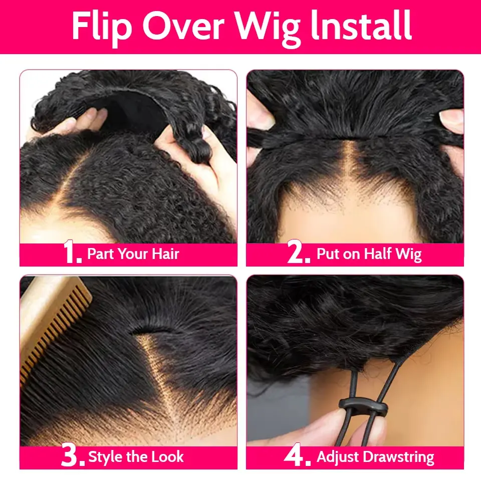 250% inky Curly Half Wig Human Hair 3 In 1 Seamless Flip Over Half Wigs Human Hair Glueless Wear and Go Elastic Drawstring Wigs