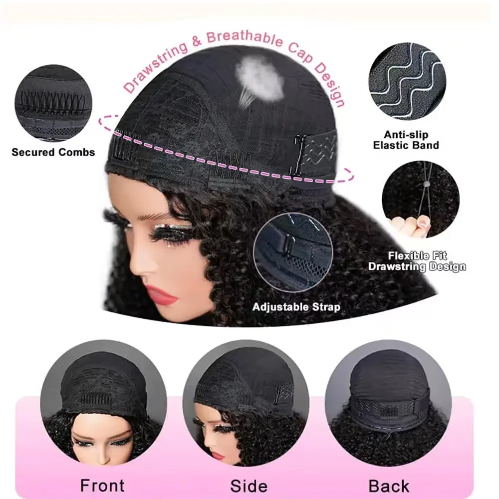 250% inky Curly Half Wig Human Hair 3 In 1 Seamless Flip Over Half Wigs Human Hair Glueless Wear and Go Elastic Drawstring Wigs