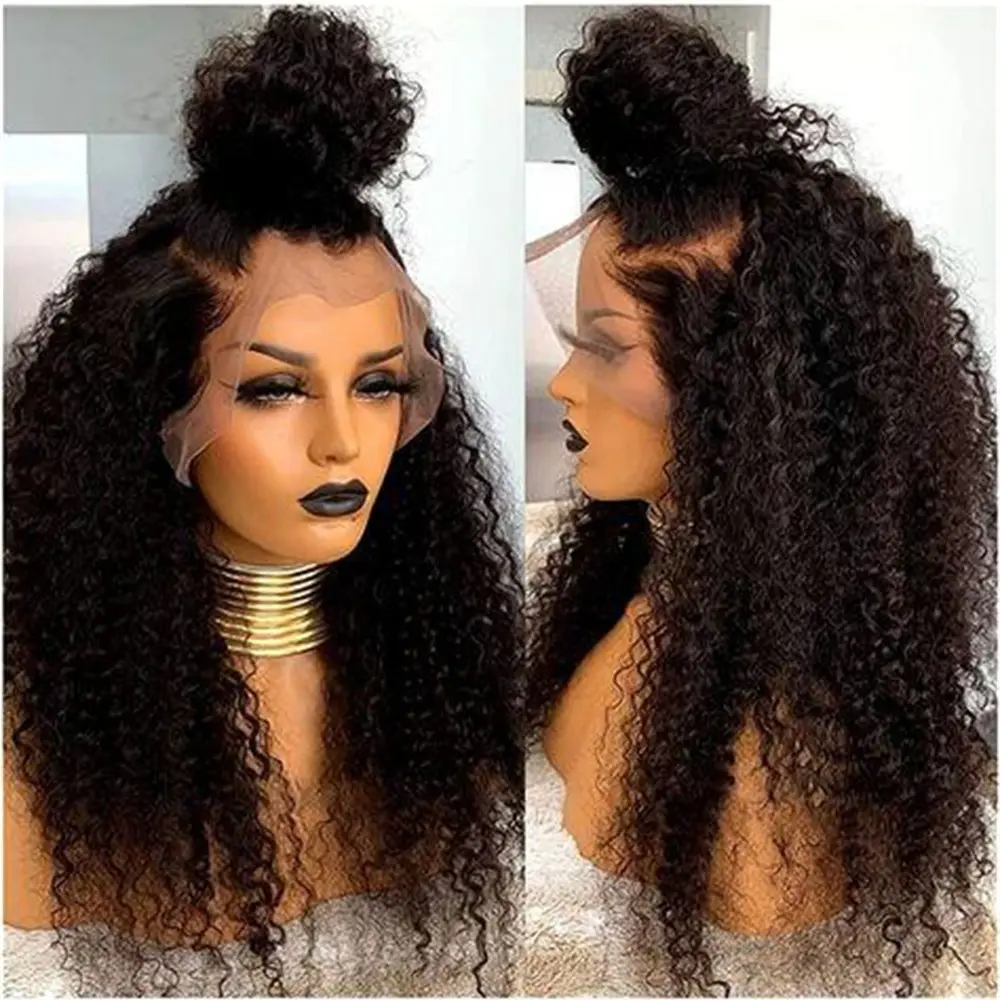 Long Natural Black Soft Glueless 26Inch Kinky Curly Lace Front Wig For Women With Baby Hair Synthetic Preplucked Daily