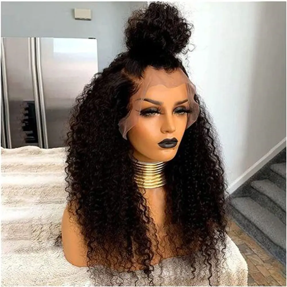 Long Natural Black Soft Glueless 26Inch Kinky Curly Lace Front Wig For Women With Baby Hair Synthetic Preplucked Daily