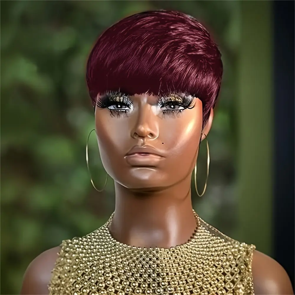 machine made remy wig black/99j/4 color 6inch human hair wig pixie cut short straight human hair wig for women 150% density