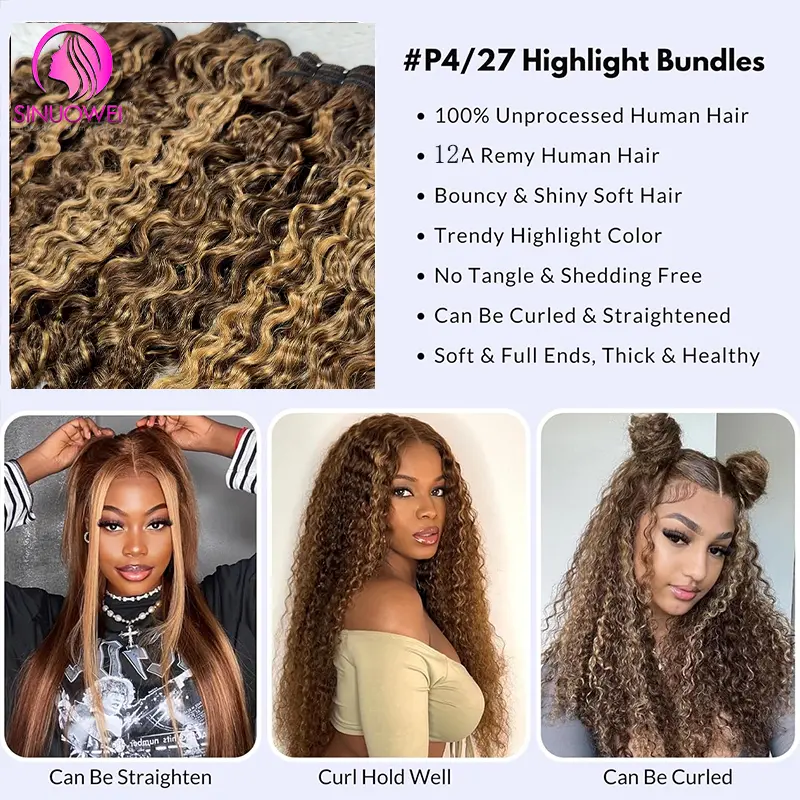 Highlight 12A Virgin Hair Burmese Curly Bundles 100% Unprocessed Human Hair Pixie Curly Bundle P4/27 Human Hair Weave Extensions
