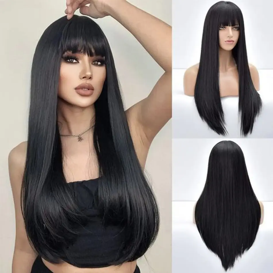 Straight Human Hair 30 Inch Full Machine Made Wigs With Bangs High Density Black Brazilian Wigs For Women Choice Cheap On Sale