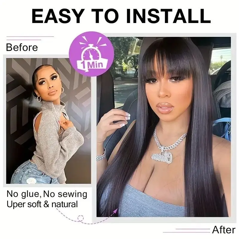 Straight Human Hair 30 Inch Full Machine Made Wigs With Bangs High Density Black Brazilian Wigs For Women Choice Cheap On Sale