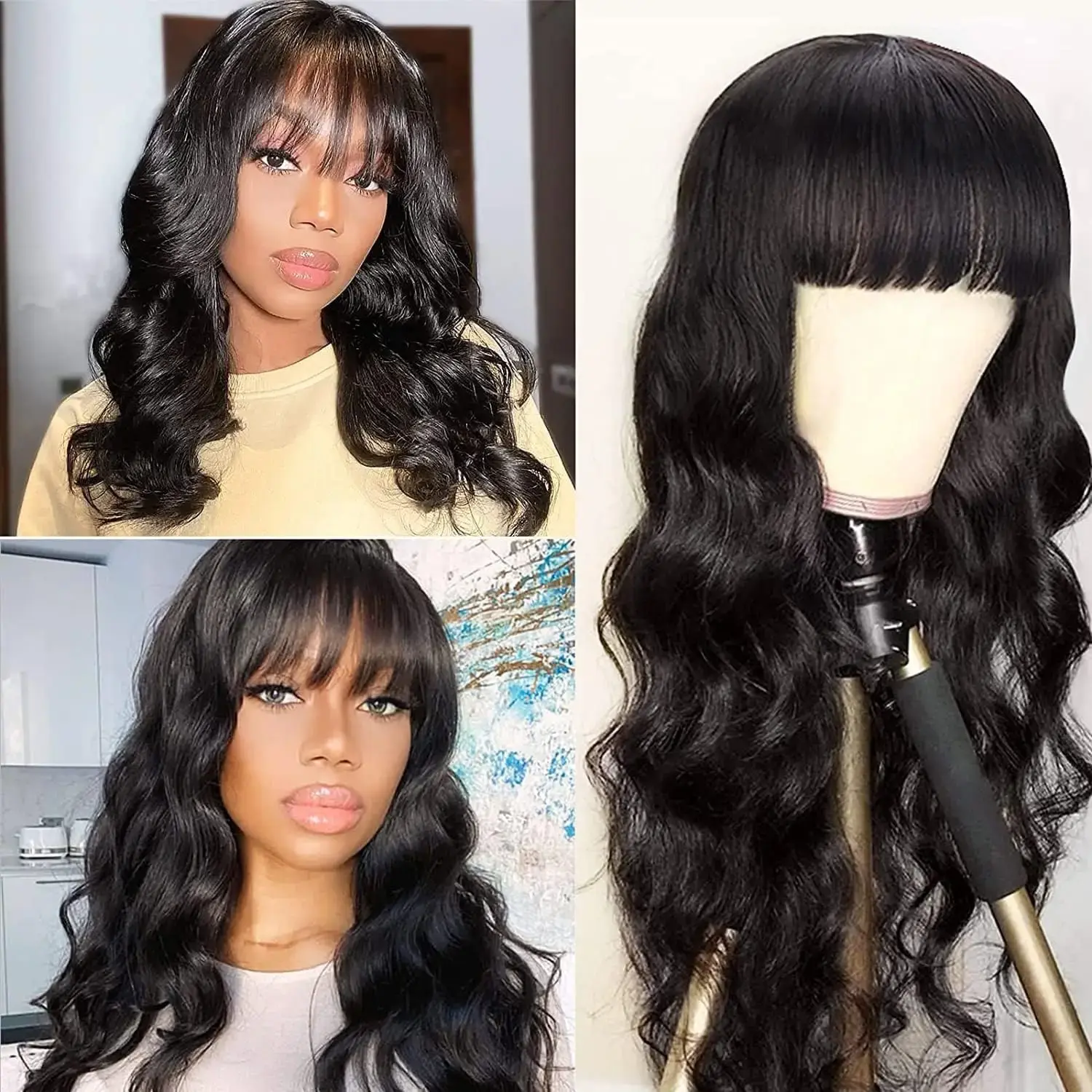 Body wave Human Hair Full Machine made Wig 3x1 HD Full Lace Wig With Bangs 30 inch Brazilian Remy Hair Wigs For women Choice