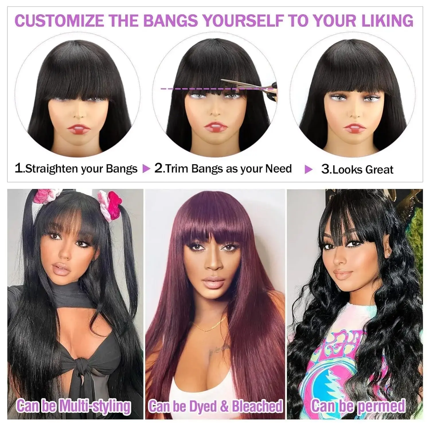 Straight Human Hair 30 Inch Full Machine Made Wigs With Bangs High Density Black Brazilian Wigs For Women Choice Cheap On Sale