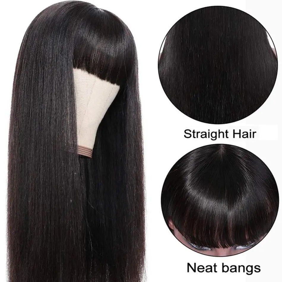 30 Inch Full Machine Made Wigs With Bangs High Density Straight Human Hair Black Brazilian Wigs For Women Choice Cheap On Sale