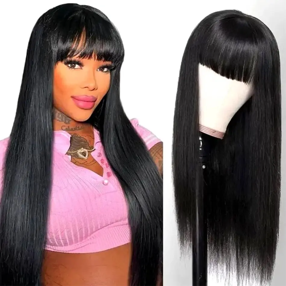 30 Inch Full Machine Made Wigs With Bangs High Density Straight Human Hair Black Brazilian Wigs For Women Choice Cheap On Sale