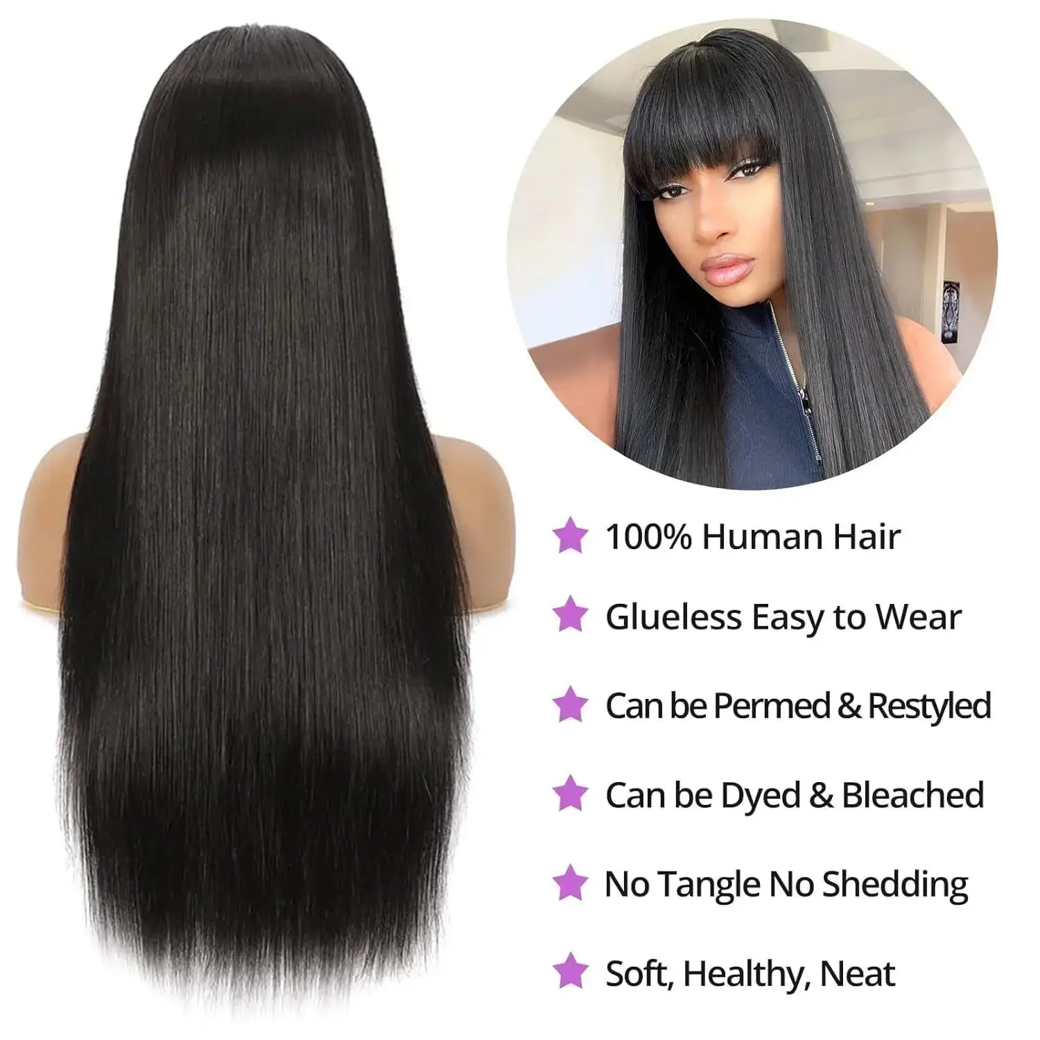 30 Inch Full Machine Made Wigs With Bangs High Density Straight Human Hair Black Brazilian Wigs For Women Choice Cheap On Sale