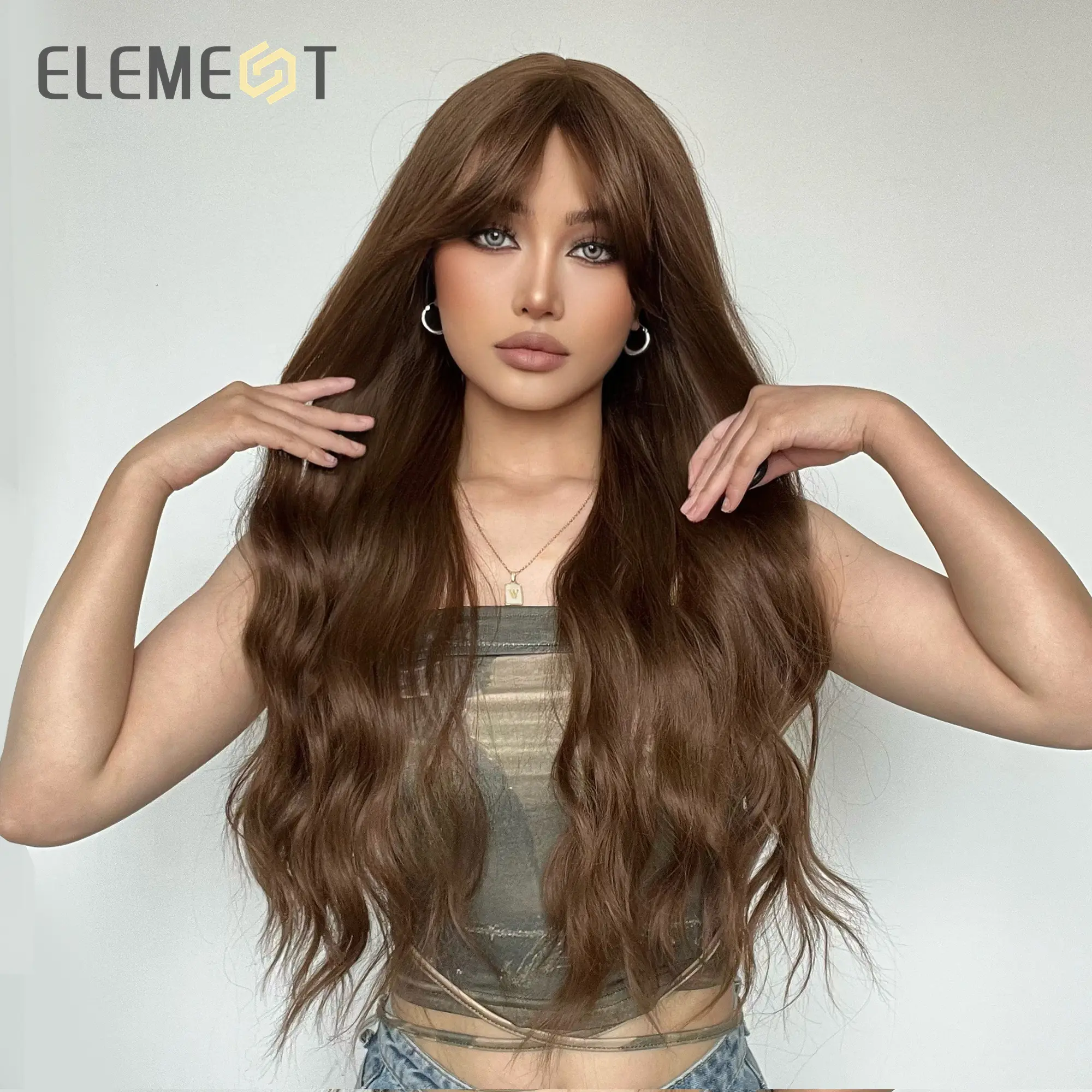 Element 26 Inch Synthetic Long Wavy Ombre Black Brown Wigs with Long Bangs Cosplay Party Daily Hair for Women Natural Wave