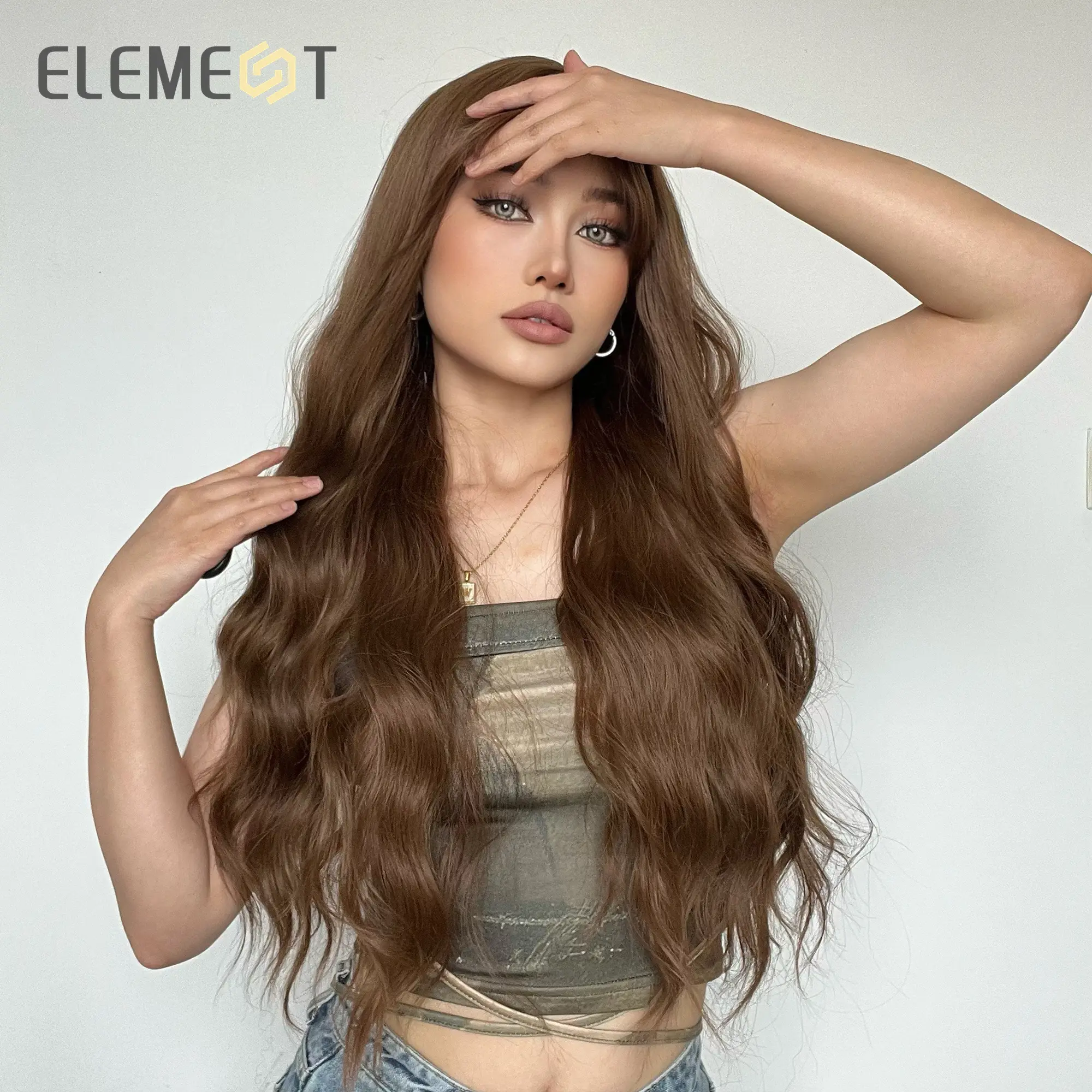 Element 26 Inch Synthetic Long Wavy Ombre Black Brown Wigs with Long Bangs Cosplay Party Daily Hair for Women Natural Wave
