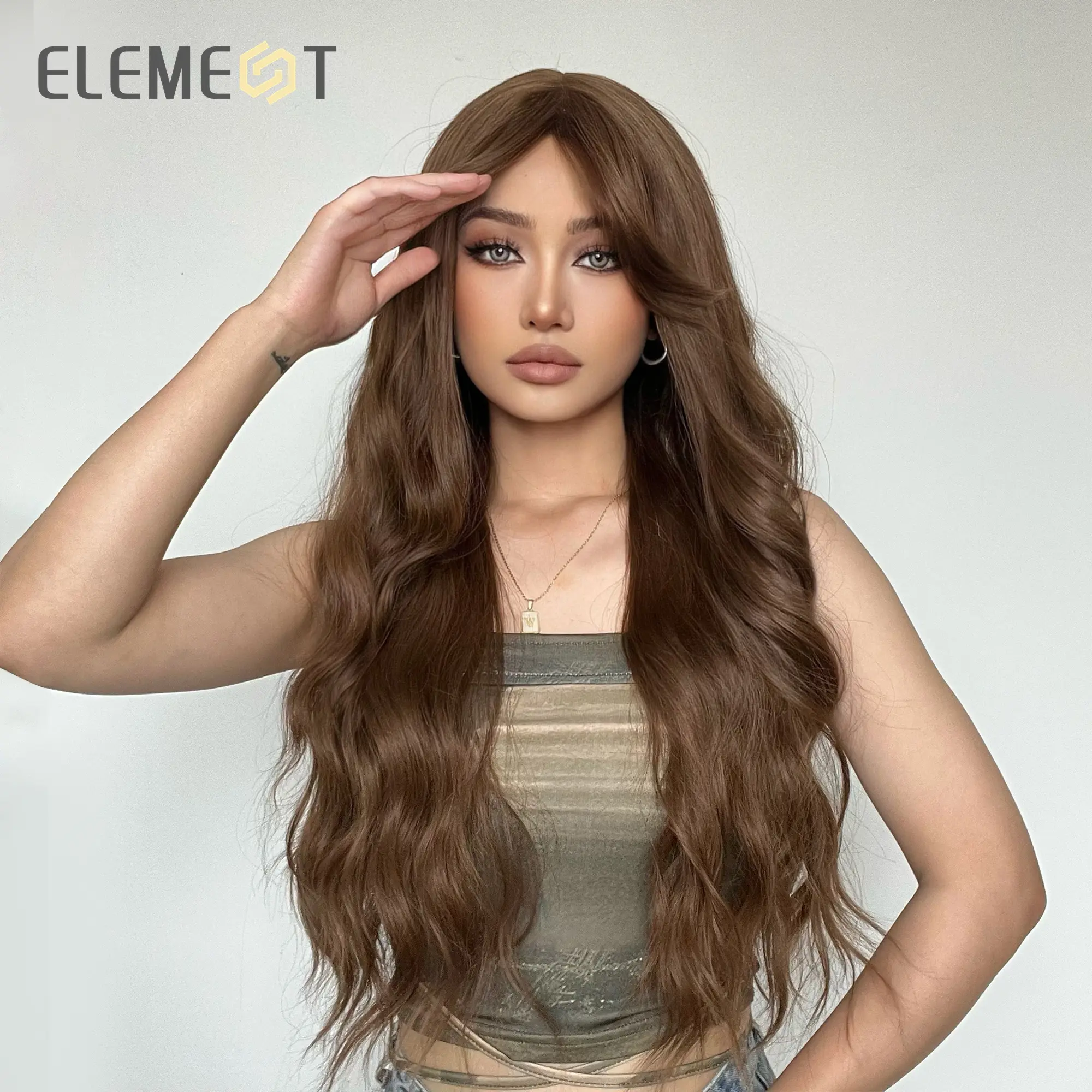 Element 26 Inch Synthetic Long Wavy Ombre Black Brown Wigs with Long Bangs Cosplay Party Daily Hair for Women Natural Wave