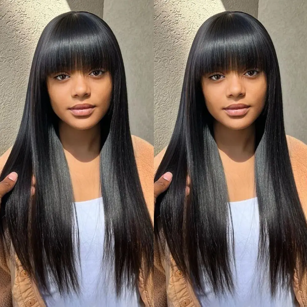 Wig With Bangs Human Hair Wigs for Women Brazilian Natural Cheap Full Machine Made Wigs Straight 30 Inch Long Fringe Wig